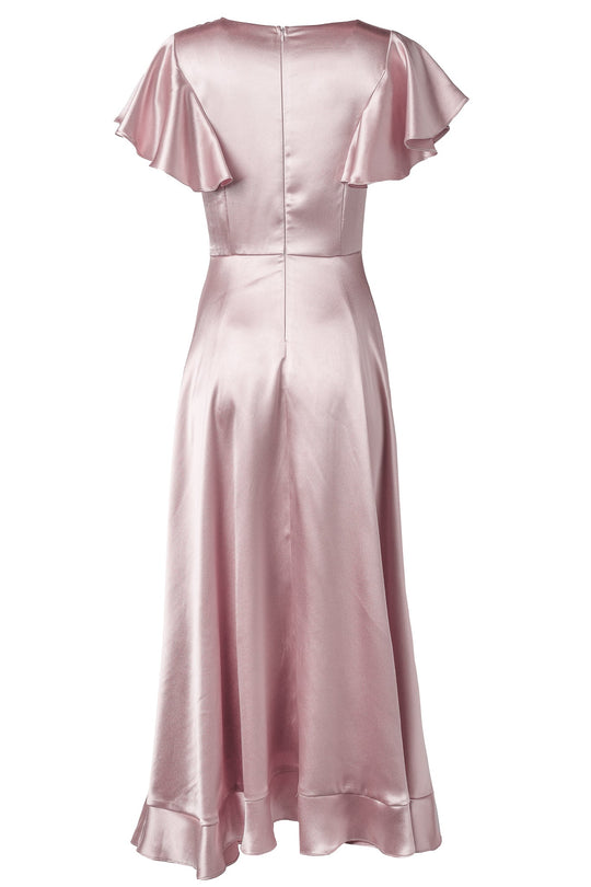 Back view of the Ivy City Co Callie Dress in Blush Satin, showcasing short flutter sleeves, a fitted waist, and a flared hemline. This dress features a smooth, shiny satin texture and a convenient back zipper closure.