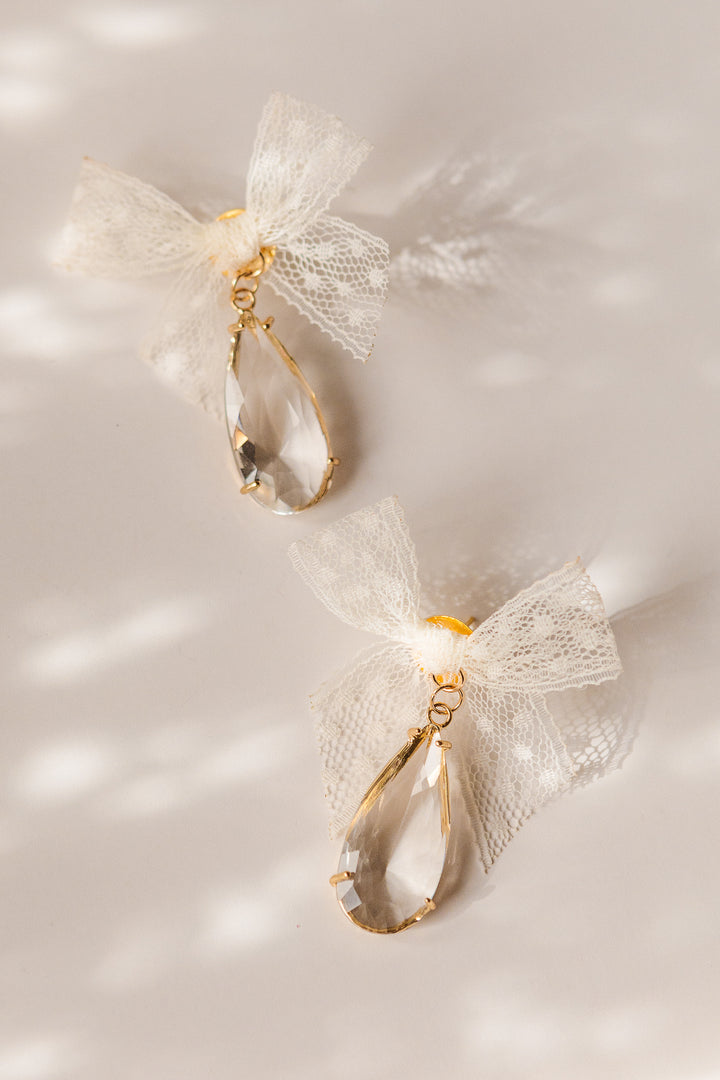 Lace Bow Crystal Drop Earrings