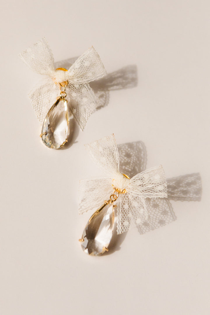 Lace Bow Crystal Drop Earrings