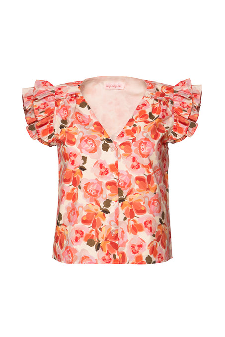 The Lana Blouse in Pink Floral by Ivy City Co features orange and green accents, ruffled short sleeves, a V-neckline, and is nursing friendly. Shown against a white background.