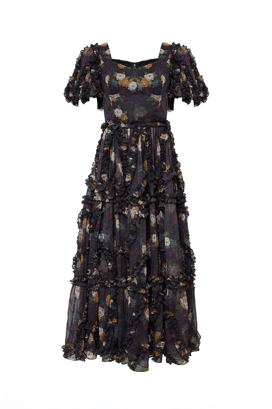 Floral patterned dress with ruffled sleeves on a white background