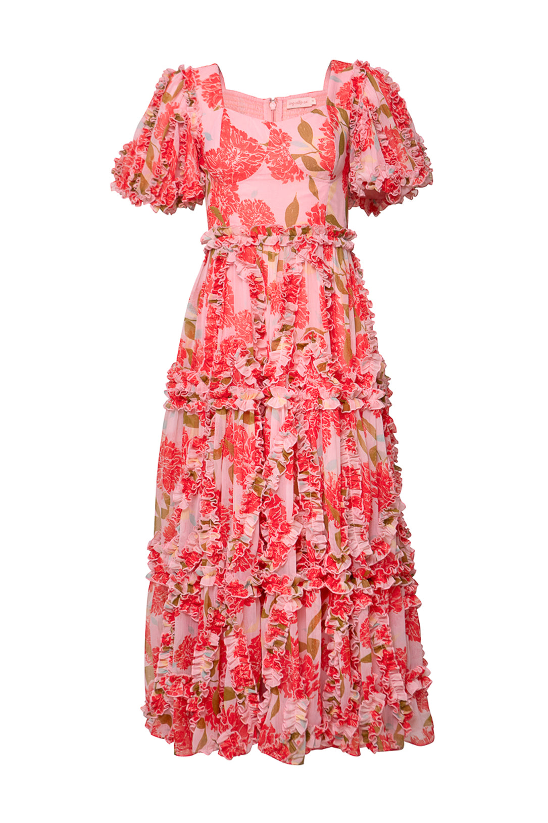 The Layla Dress in Pink Floral by Ivy City Co features puffed short sleeves, a square neckline, and layered ruffle detailing on its floor-length skirt and bodice.