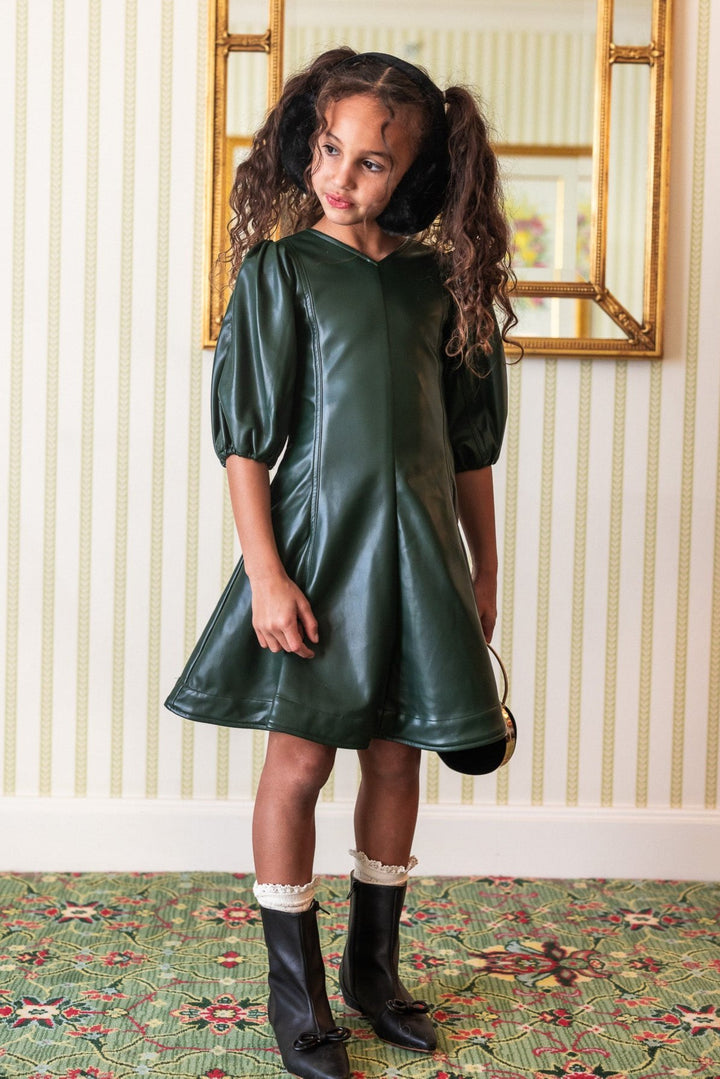 Mini Leah Dress in Green Vegan Leather