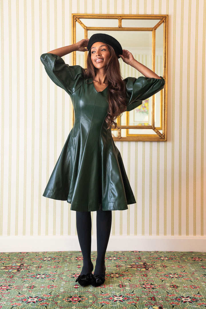 Leah Dress in Green Vegan Leather