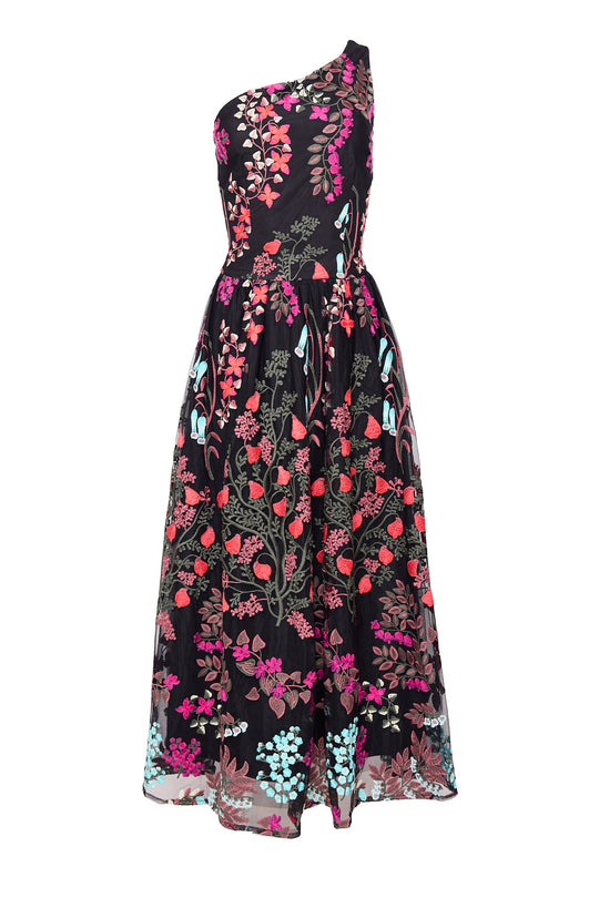 Black dress with multicolor floral embroidery against a white background