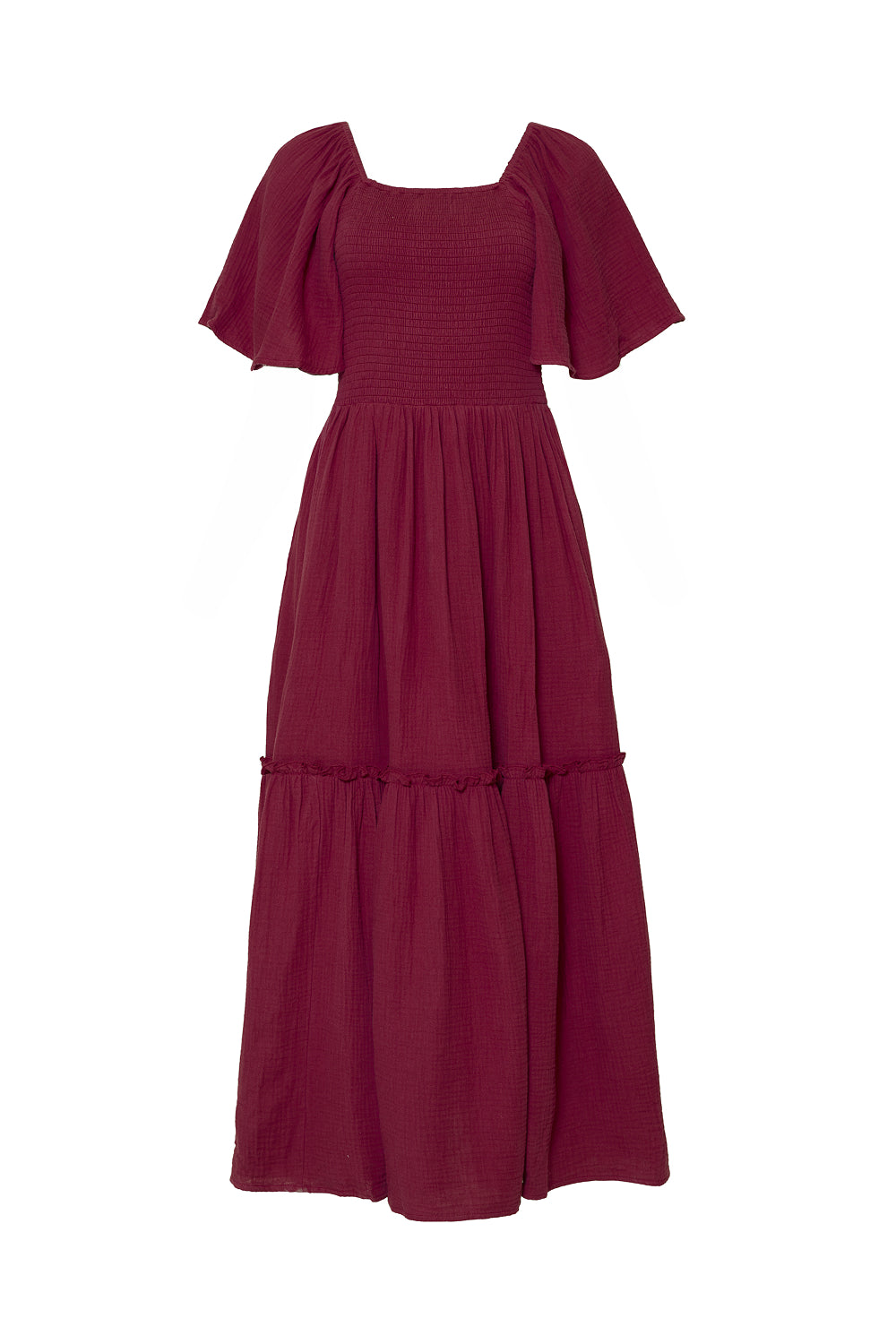 The Lennon Maxi Dress in Wildberry by Ivy City Co is a berry-pink maxi dress with a smocked bodice, flutter sleeves, flowing tiered skirt, soft textured fabric, square neckline, and is both nursing and maternity friendly.