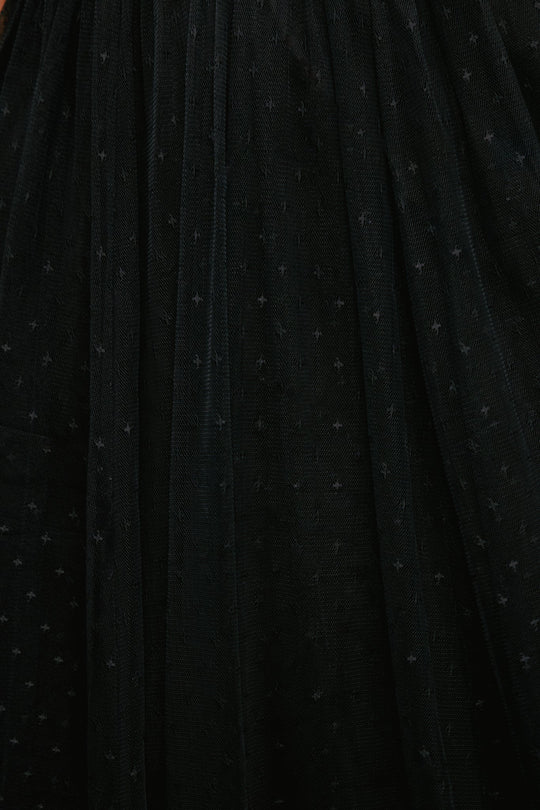 Sheer black tulle adorned with tiny, evenly spaced star-shaped dots and graceful vertical folds—this Ivy City Co Louisa Dress in Black is a breathtaking piece that embodies delicate elegance in every detail.
