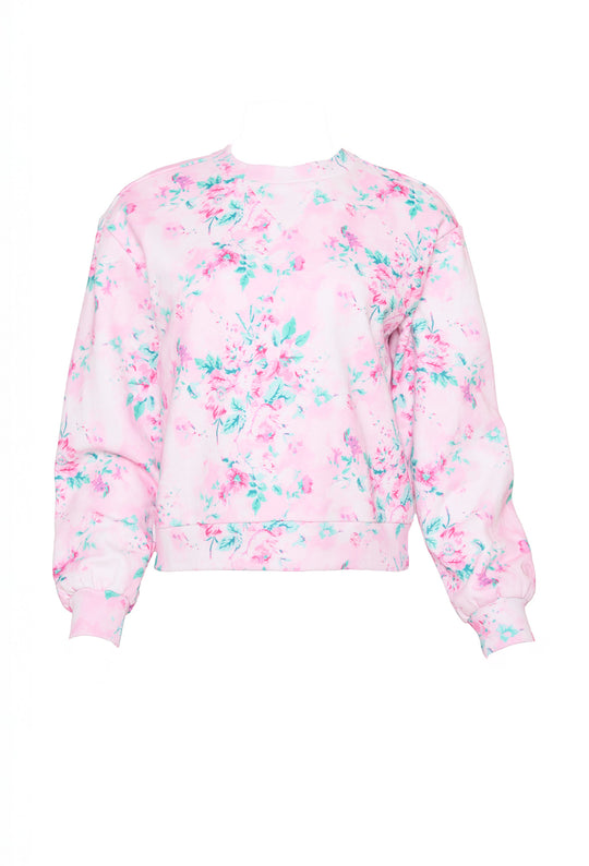 pink floral sweatshirt against a white background