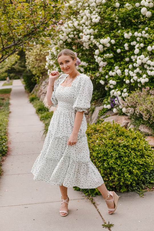 Madeline Dress in Blue Micro Floral Print