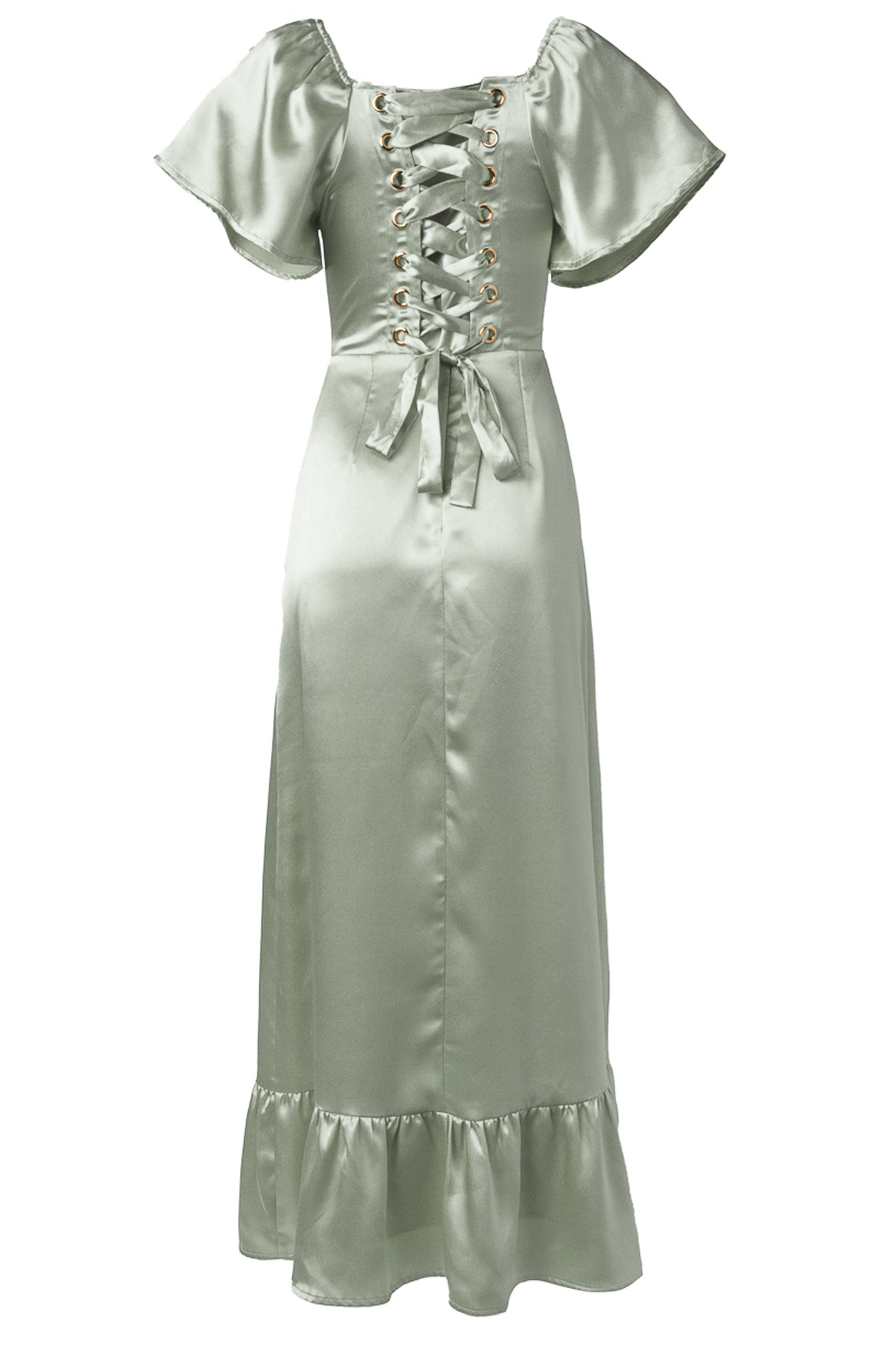 The Maddie Dress in Sage Satin by Ivy City Co features short flutter sleeves, a lace-up corset bodice, ruffled hem, and fitted waist with front bow—an elegant bridesmaid choice.