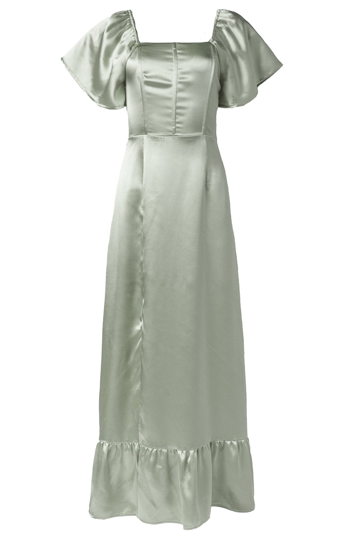 The Maddie Dress in Sage Satin by Ivy City Co features flutter sleeves, a square neckline, a fitted bodice, and a long flowing skirt with a ruffled hem—perfect for bridesmaids.