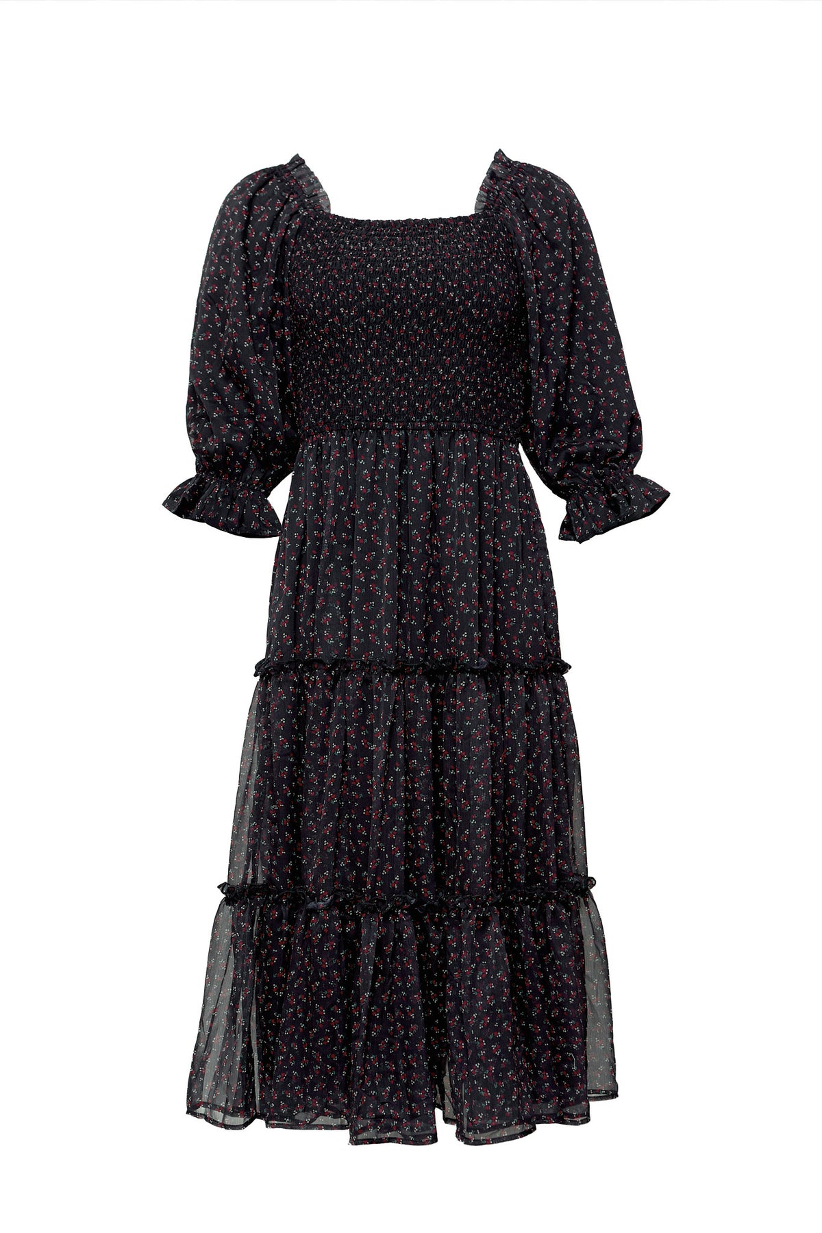 Black tiered dress with puff sleeves on a white background