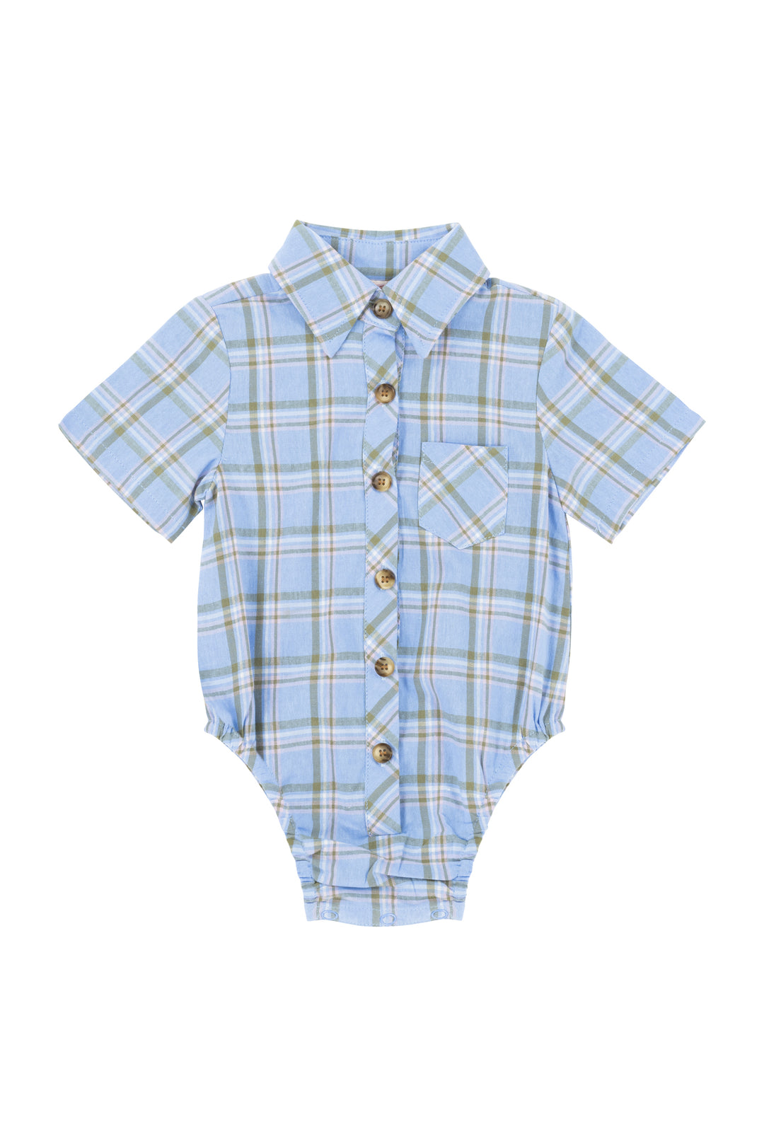 Baby Boys James Shirt Romper in Madeline Light Blue Plaid