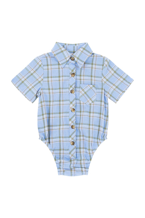 Baby Boys James Shirt Romper in Madeline Light Blue Plaid - FINAL SALE