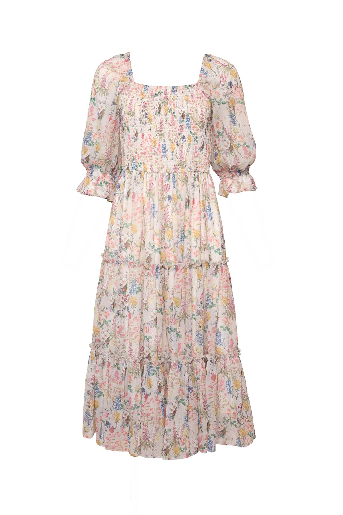 The Ivy City Co Madeline Dress in Cordelia Floral features a light, knee-length silhouette with a square neckline, puffed half sleeves, a tiered skirt, and a white fabric adorned with delicate pastel multicolored floral print.