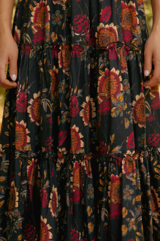 Close-up of a floral-patterned dress with dark background