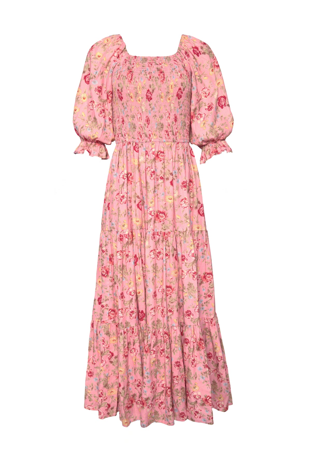 The Ivy City Co Madeline Maxi Dress in Pink Vintage Poppies features puffed short sleeves, a smocked bodice, and a tiered skirt—perfect as a maternity-friendly dress for effortless style and comfort.