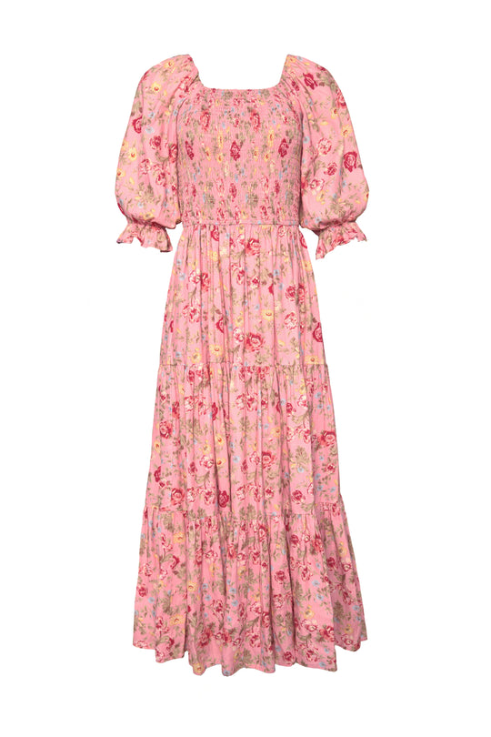 The Ivy City Co Madeline Maxi Dress in Pink Vintage Poppies features puffed short sleeves, a smocked bodice, and a tiered skirt—perfect as a maternity-friendly dress for effortless style and comfort.