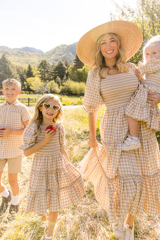 Mini Madeline Dress in Tan Gingham