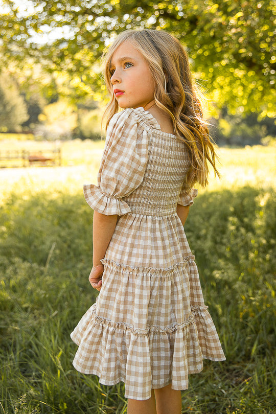 Mini Madeline Dress in Tan Gingham