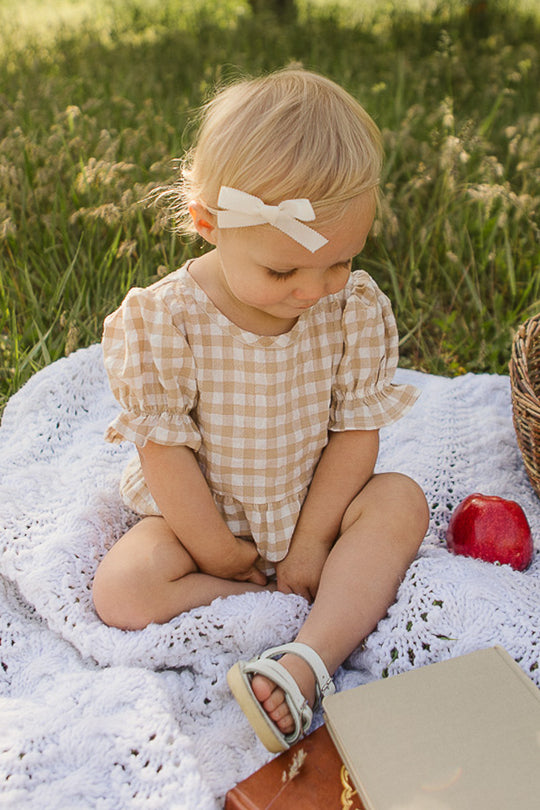 Baby Madeline Romper in Tan Gingham