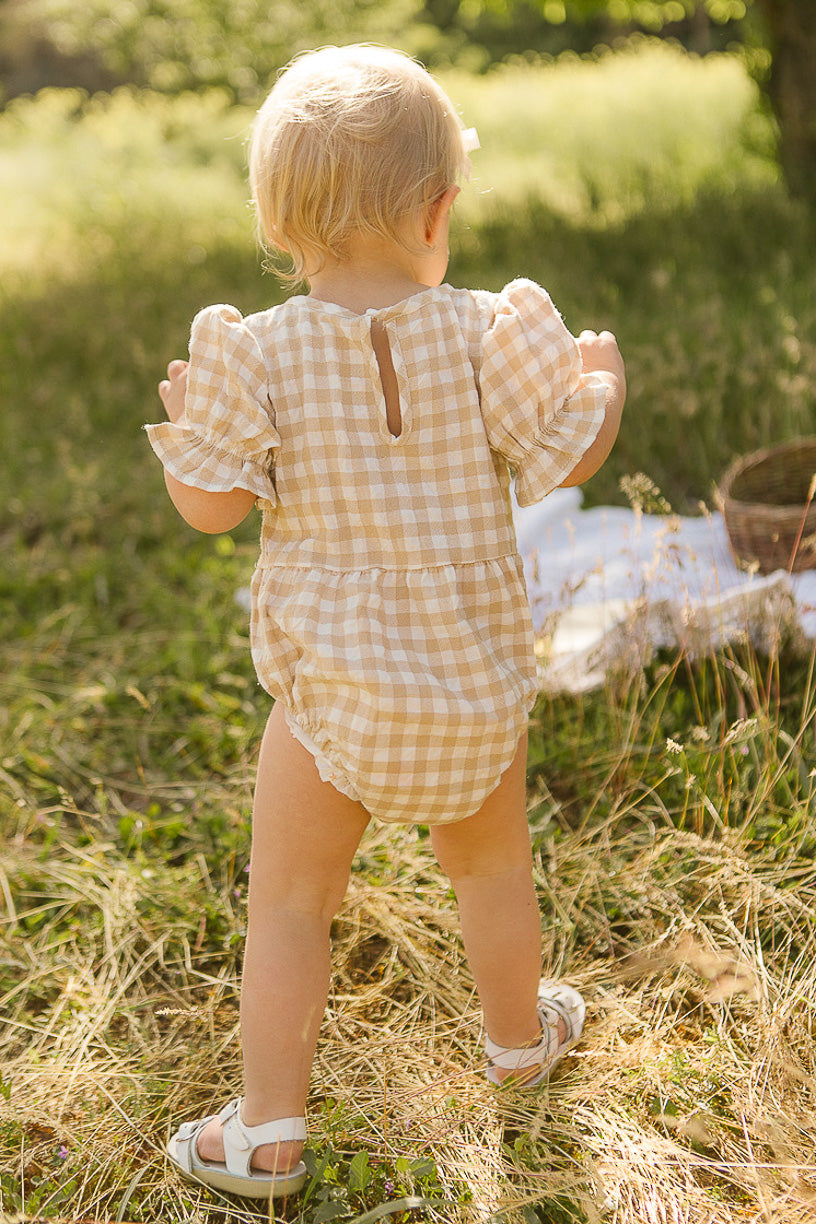 Baby Madeline Romper in Tan Gingham