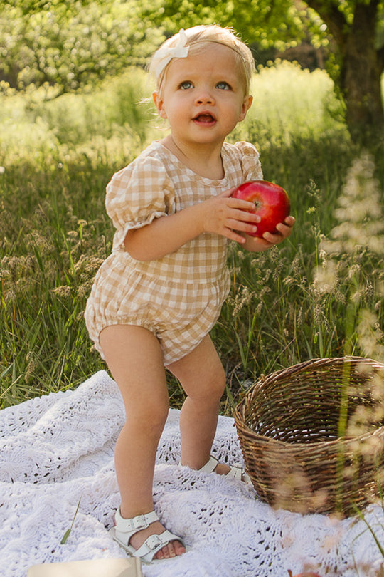 Baby Madeline Romper in Tan Gingham