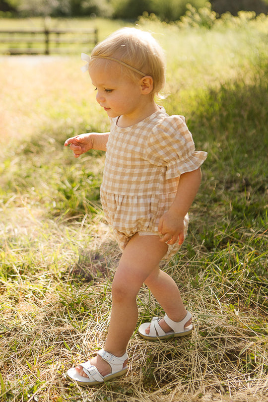 Baby Madeline Romper in Tan Gingham