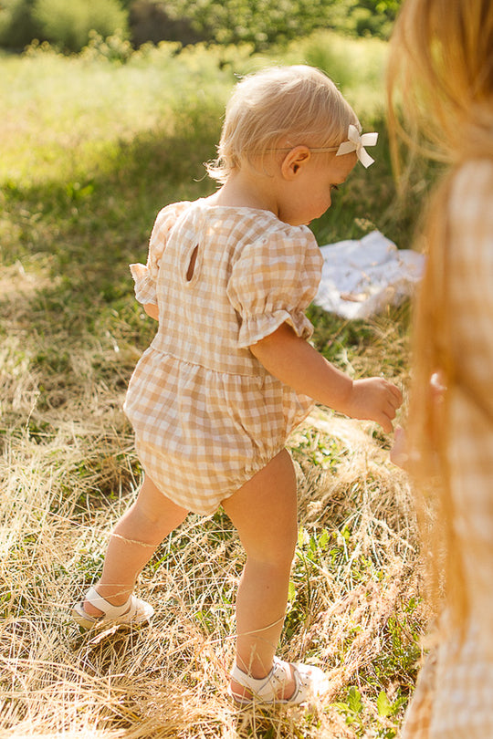 Baby Madeline Romper in Tan Gingham