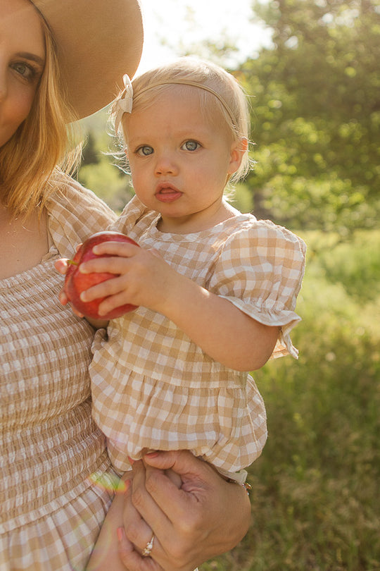 Baby Madeline Romper in Tan Gingham