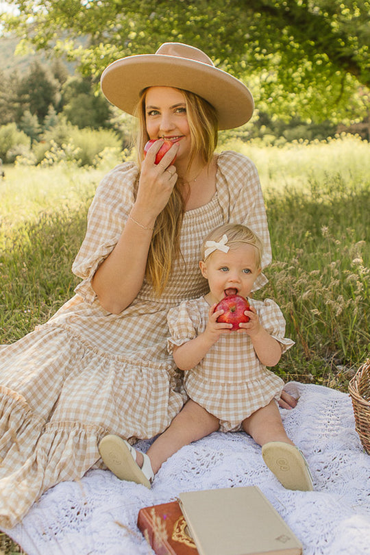 Baby Madeline Romper in Tan Gingham