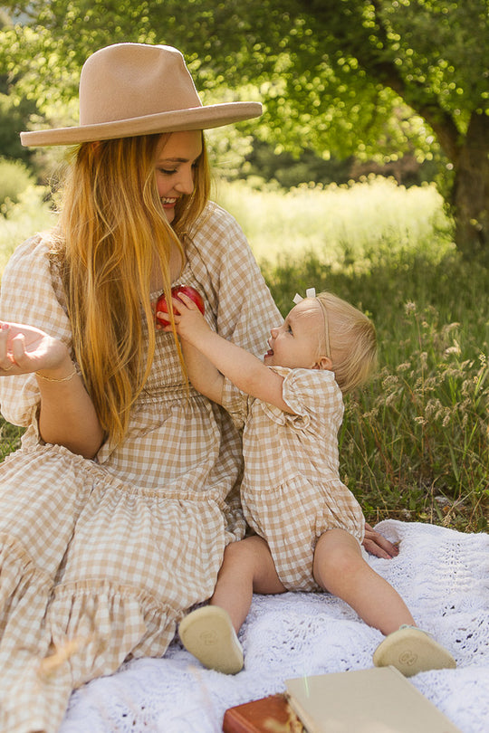 Baby Madeline Romper in Tan Gingham