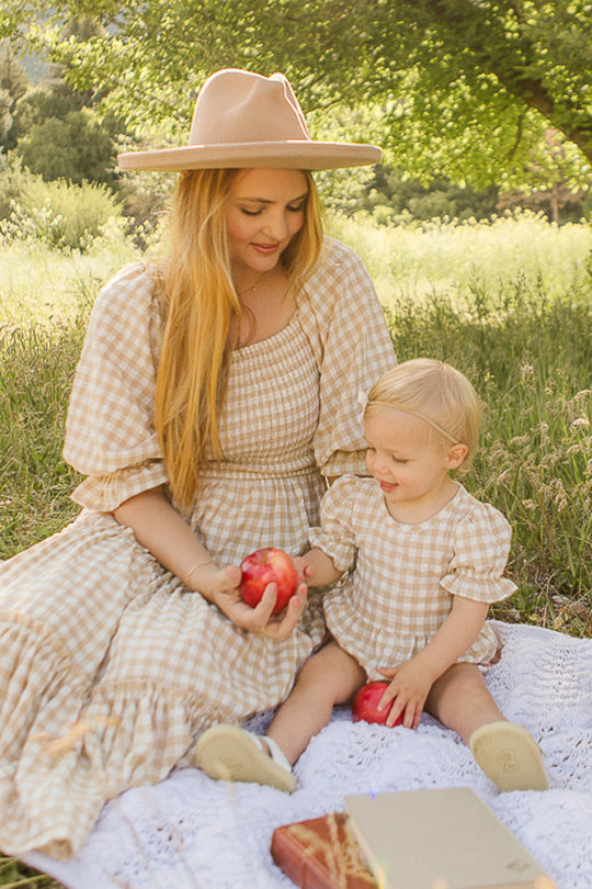Baby Madeline Romper in Tan Gingham