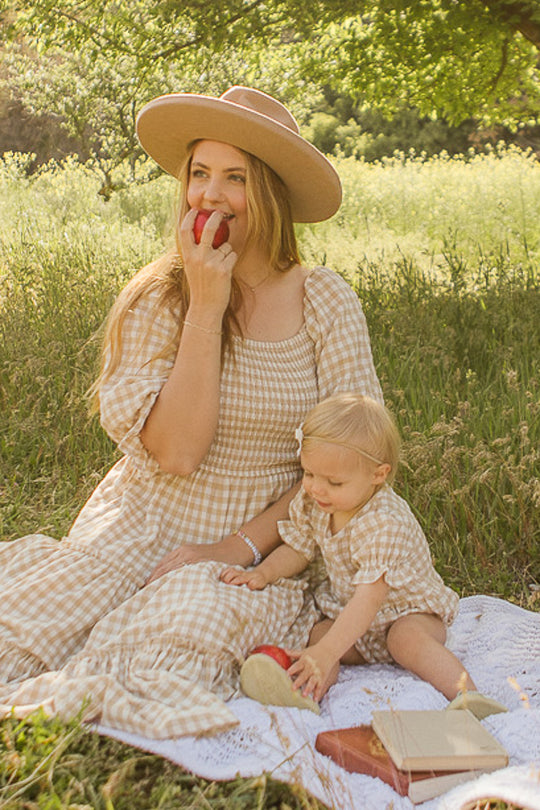 Baby Madeline Romper in Tan Gingham