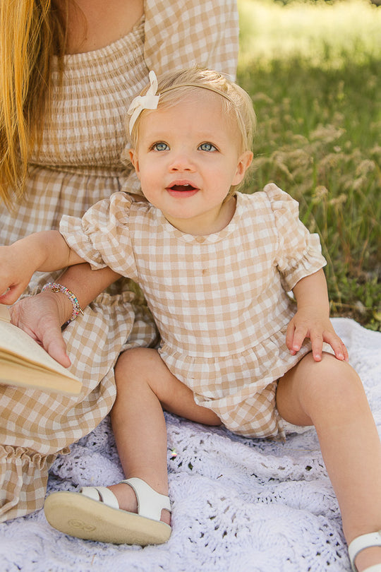 Baby Madeline Romper in Tan Gingham