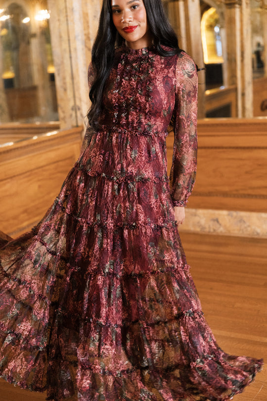 merlot formal dresses Madrigal Dress in Floral Lace feminine outfit