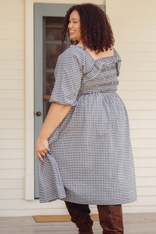 Mae 3/4 Sleeves Dress in Prussian Blue Plaid