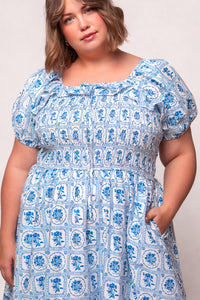 Mae Dress in Blue Floral Stamp