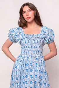 Mae Dress in Blue Floral Stamp