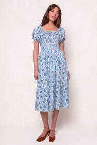 Mae Dress in Blue Floral Stamp