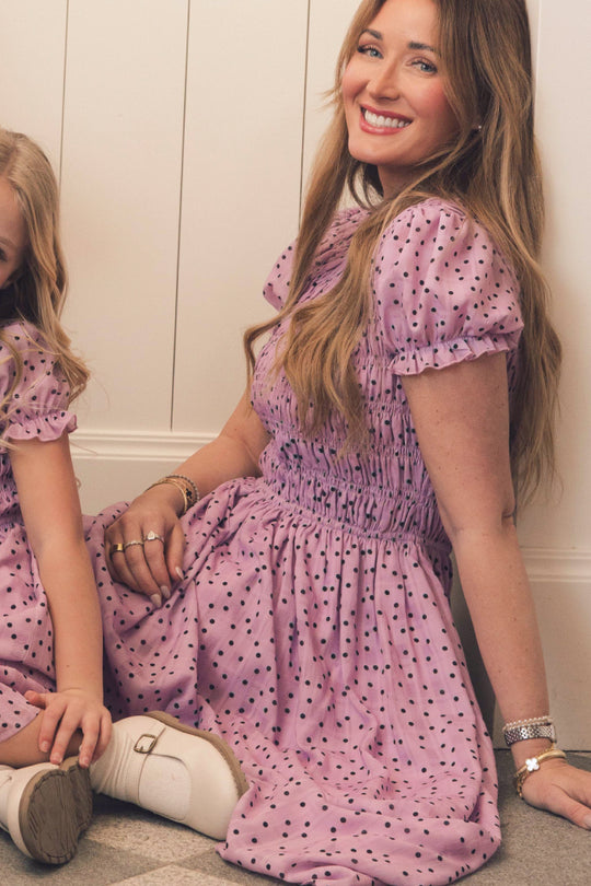pink and purple polka dot dress PRE-ORDER - New FIT - Maneater Swing Dress in Sunset Purple Polka Dot