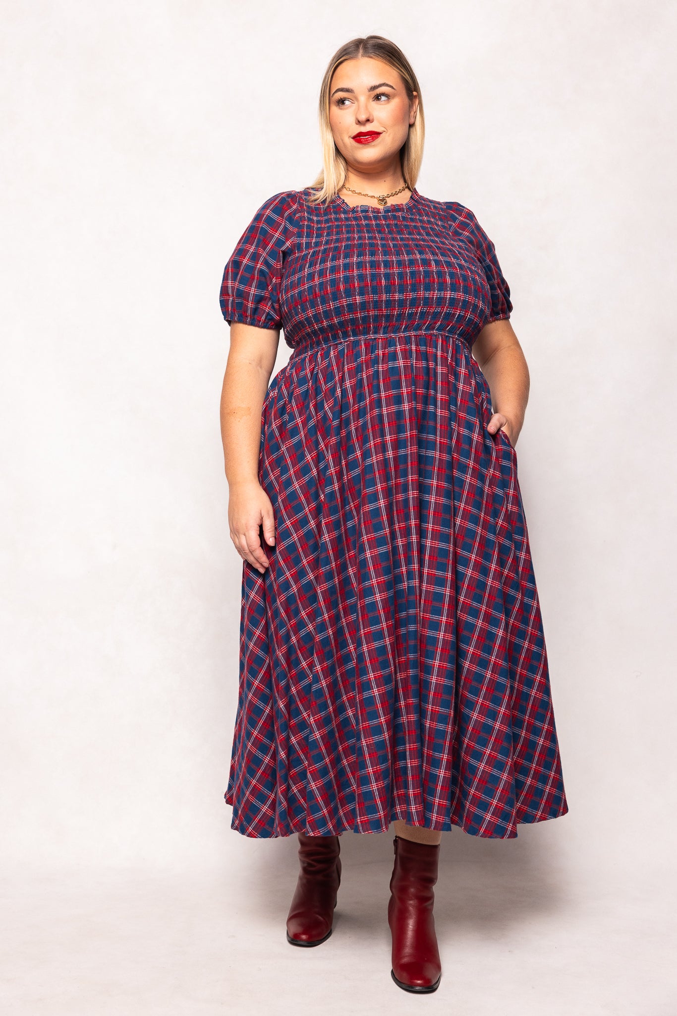 red and blue plaid dress Red Tartan Pleated Button Front Dress Sail to Sable
