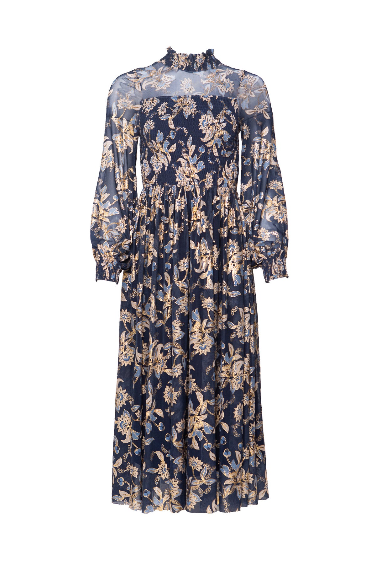 Navy floral dress with long sleeves on a white background