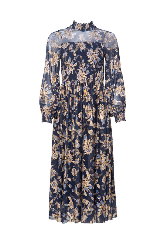 Navy floral dress with long sleeves on a white background