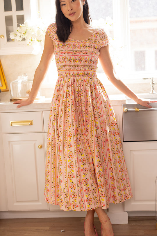 Marlow Cap Sleeve Dress in Peach Handpainted Flora Stripe