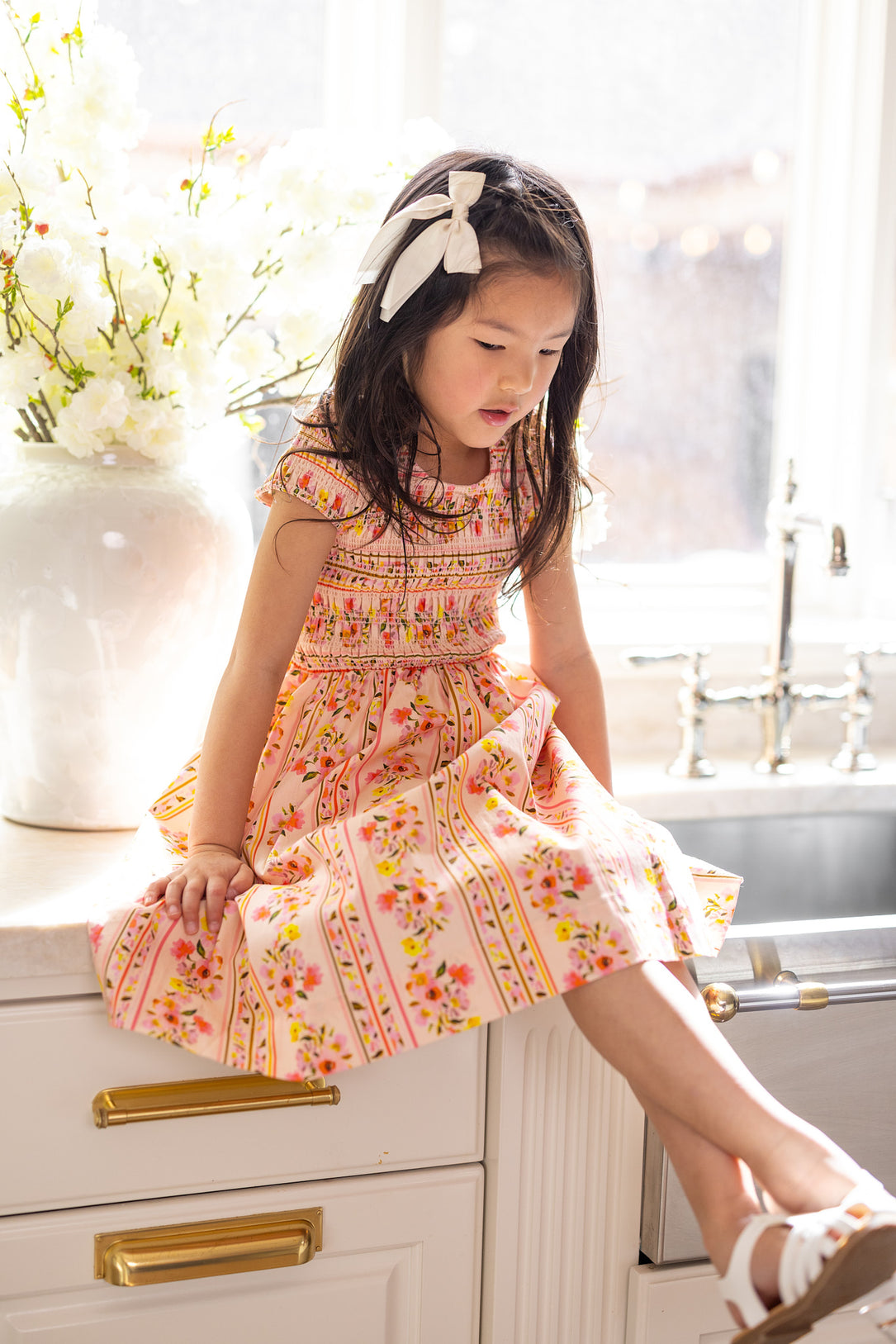 Mini Marlow Cap Sleeve Dress in Peach Handpainted Flora Stripe