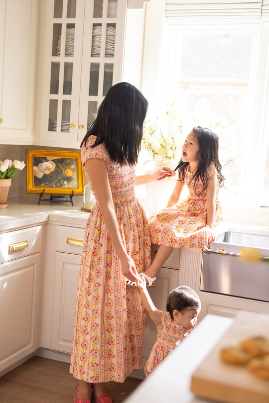 Mini Marlow Cap Sleeve Dress in Peach Handpainted Flora Stripe