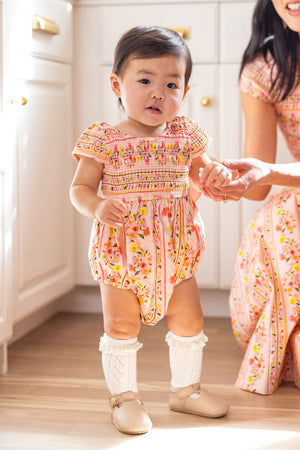 Baby Marlow Romper in Peach Handpainted Flora Stripe