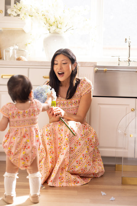 Marlow Cap Sleeve Dress in Peach Handpainted Flora Stripe