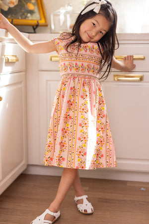 Mini Marlow Cap Sleeve Dress in Peach Handpainted Flora Stripe